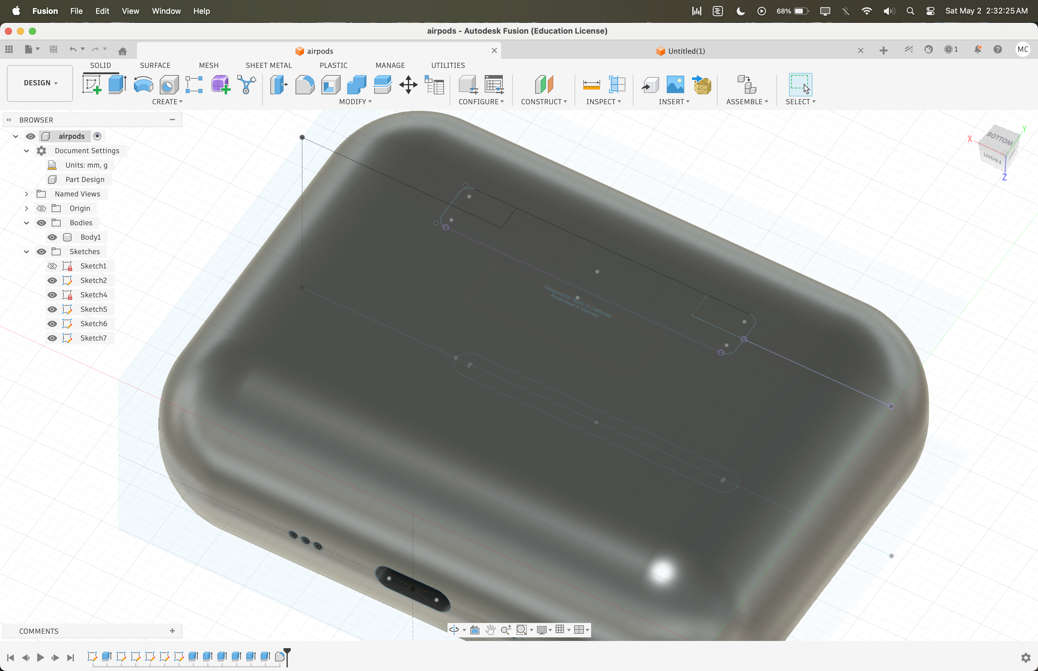 Fusion 360 AirPods case CAD model detail view