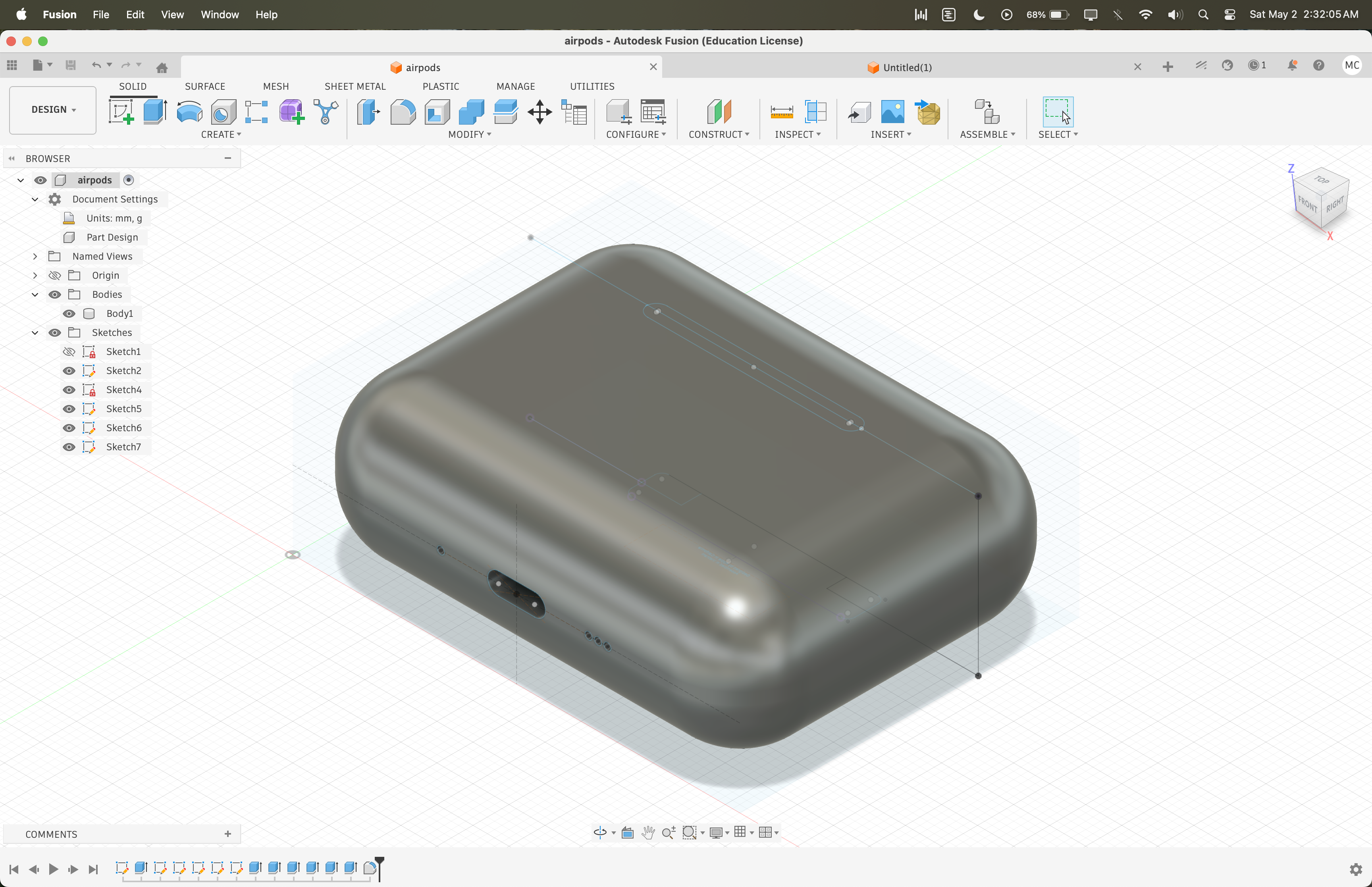 Fusion 360 AirPods case CAD model overview
