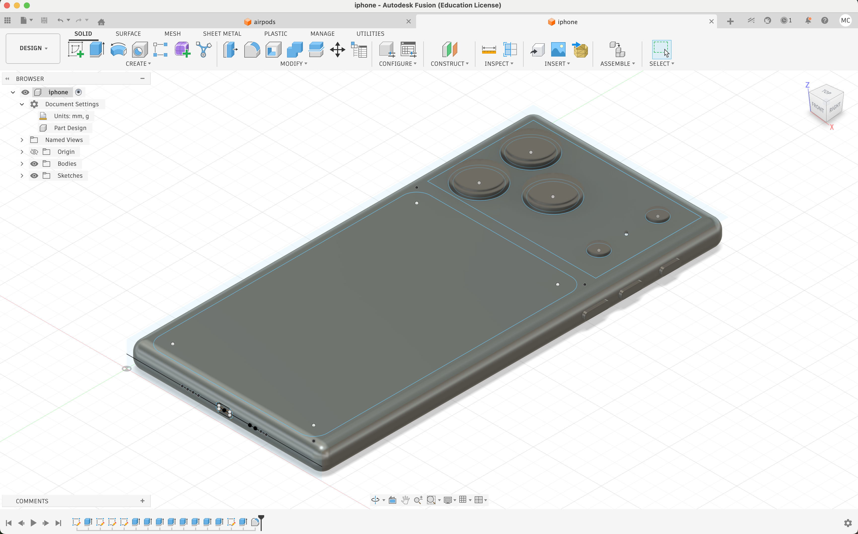 Fusion 360 iPhone CAD model showing buttons, cameras, speaker holes, and charging port