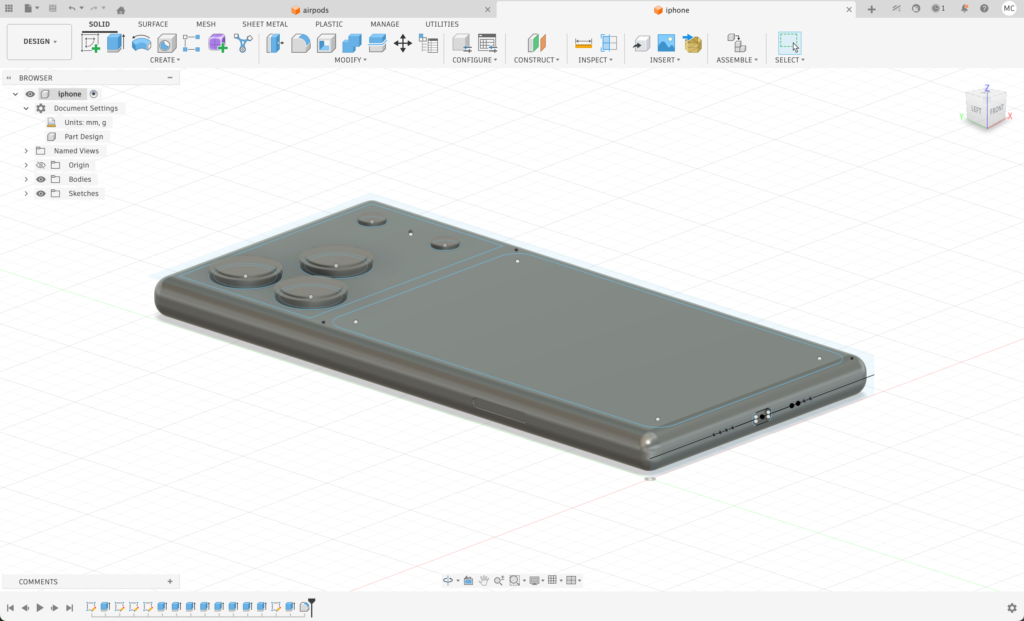 Fusion 360 iPhone CAD model showing triple camera, flash, speaker holes, and charging port