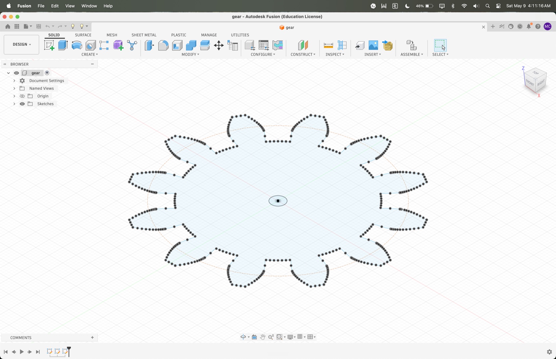 Fusion 360 sketch of the gear-like center piece