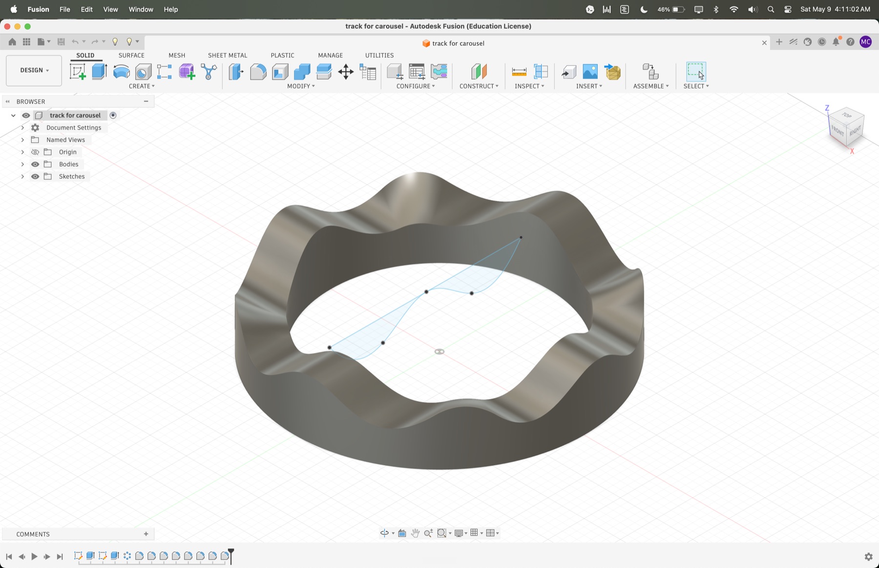 Fusion 360 spline used to shape the wavy track