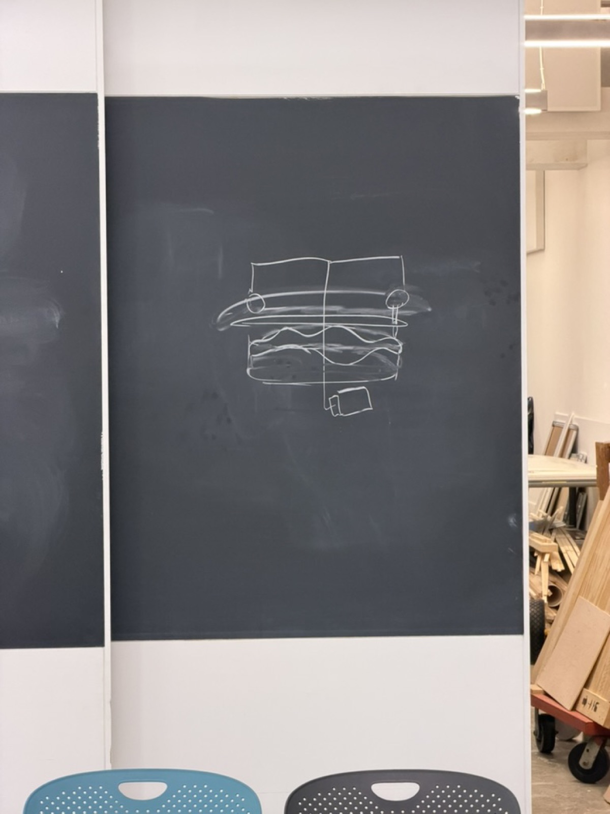 Blackboard sketch of the merry-go-round mechanism