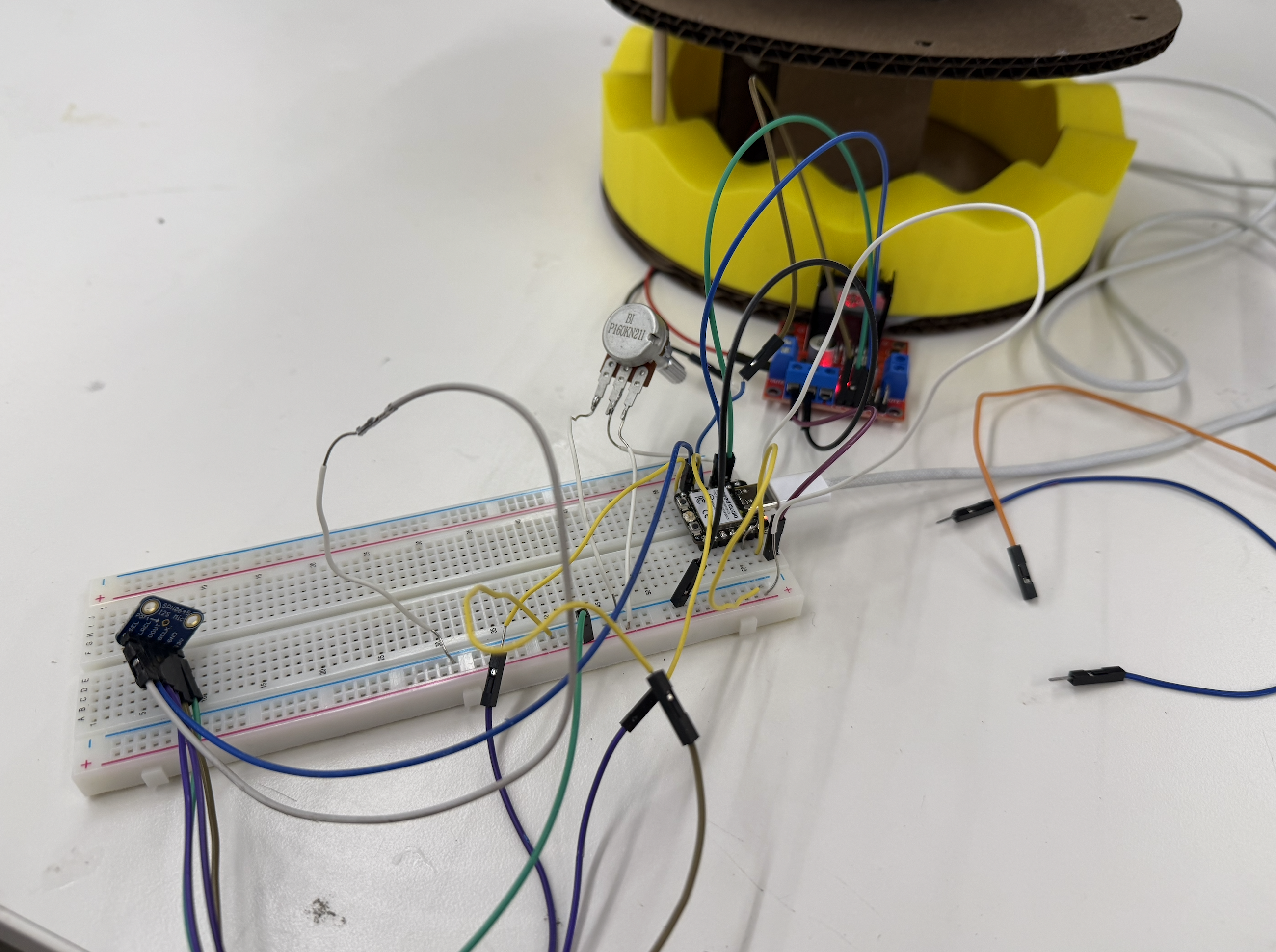 Week 4 microcontroller wiring with potentiometer, motor driver, and I2S microphone