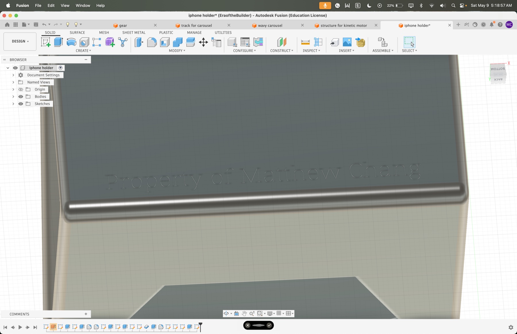 Fusion 360 close-up of text engraved on the iPhone stand