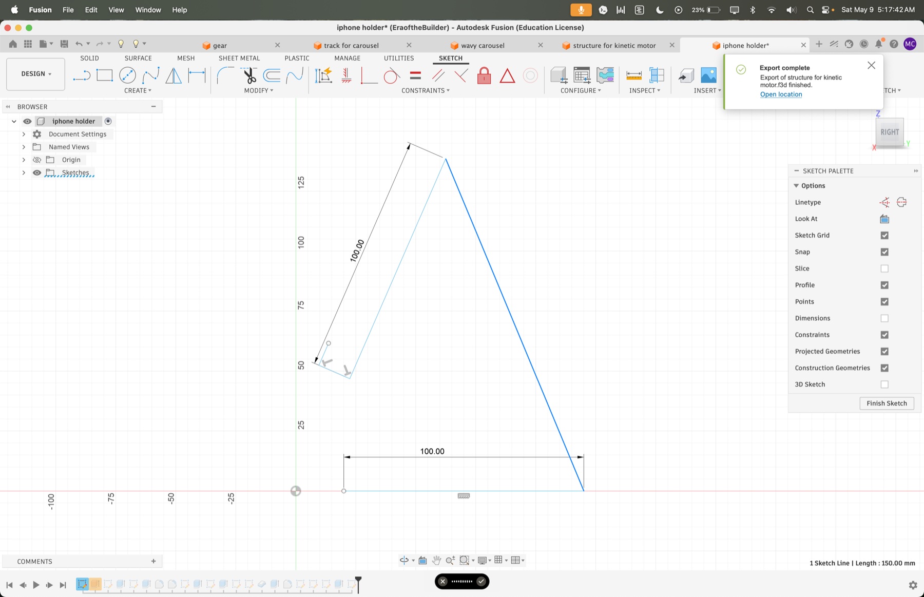 Fusion 360 sketch showing the iPhone stand side profile with dimensions