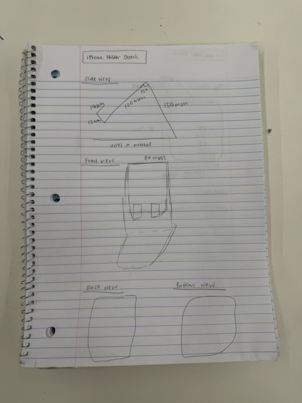 Notebook sketch of iPhone stand dimensions and side view angle