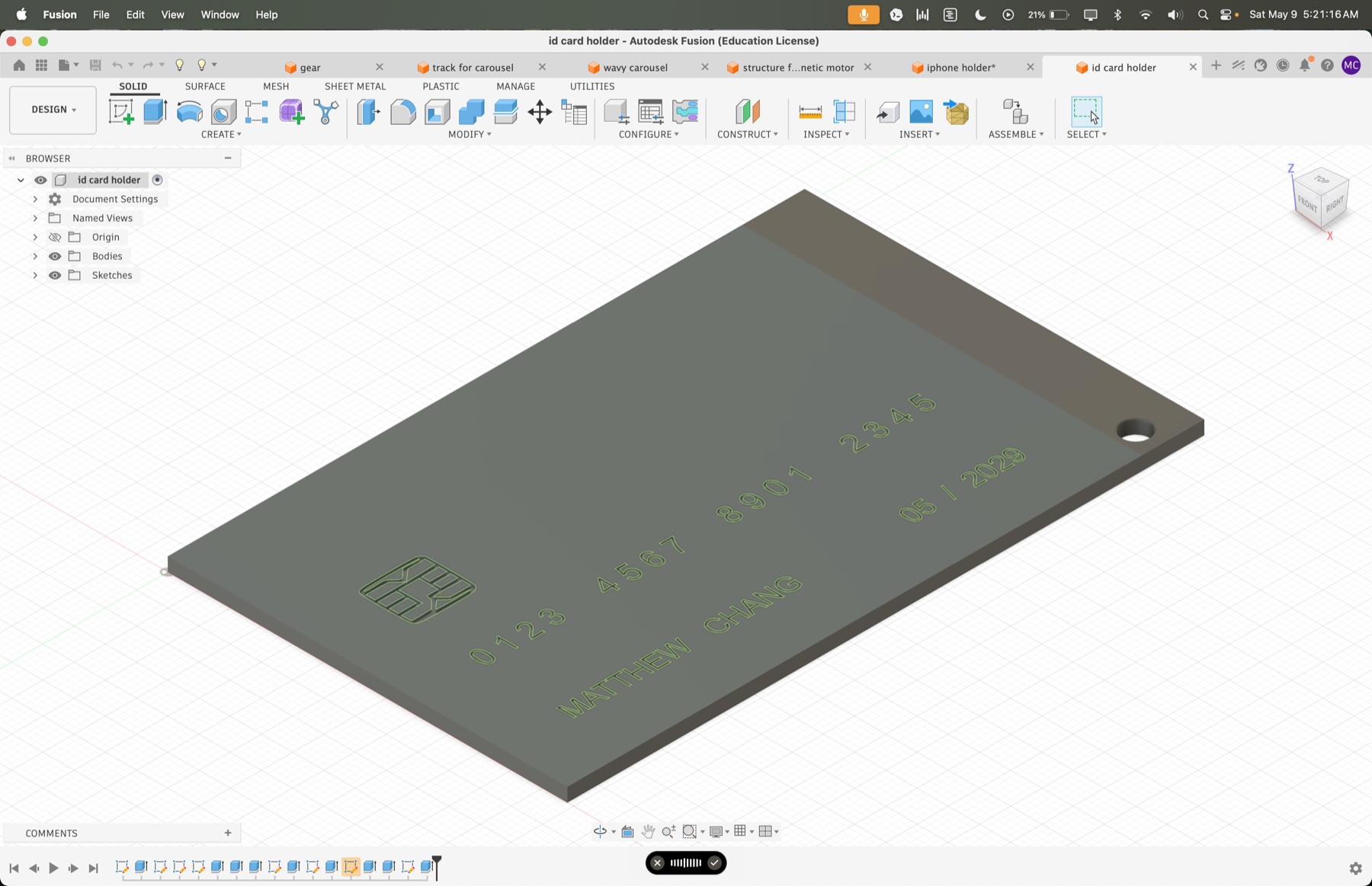 Fusion 360 model of an ID card holder designed like a credit card