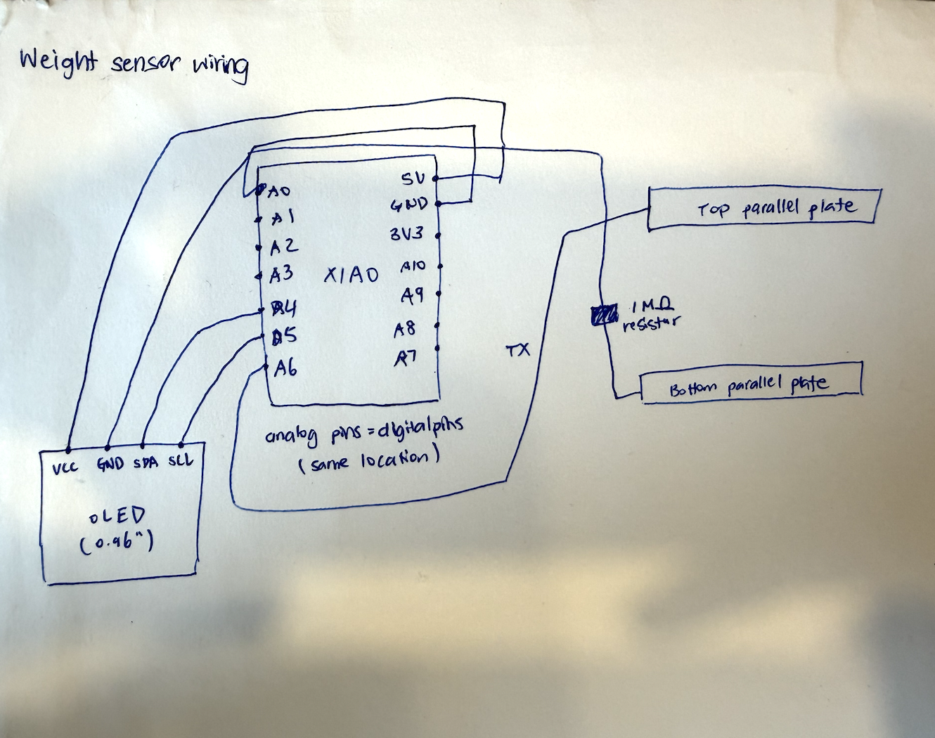 Hand-drawn wiring schematic for the sponge weight input sensor
