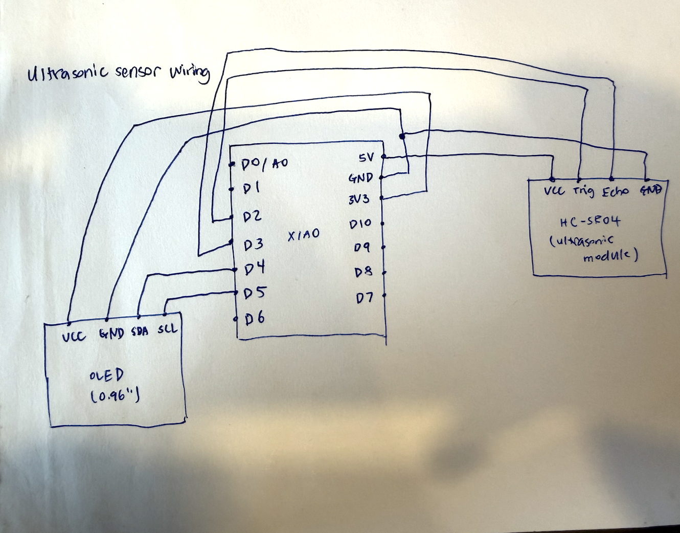 Hand-drawn wiring schematic for the ultrasonic sensor and OLED display