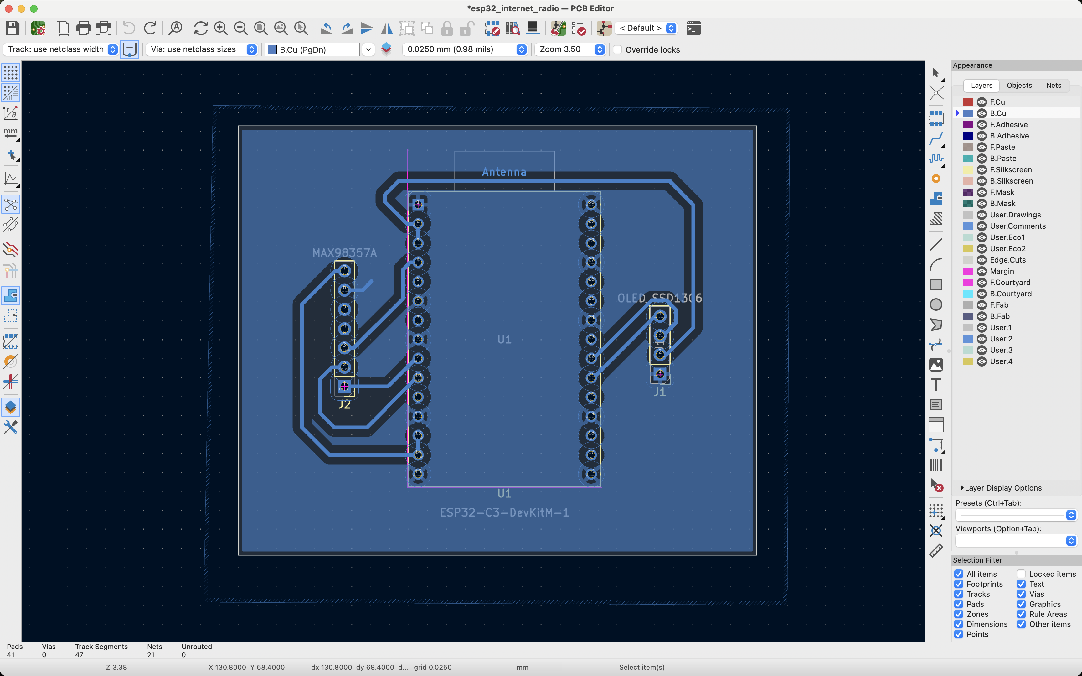 PCB Editor in KiCad where I established the wiring for the custom PCB mill and made clearances and vias