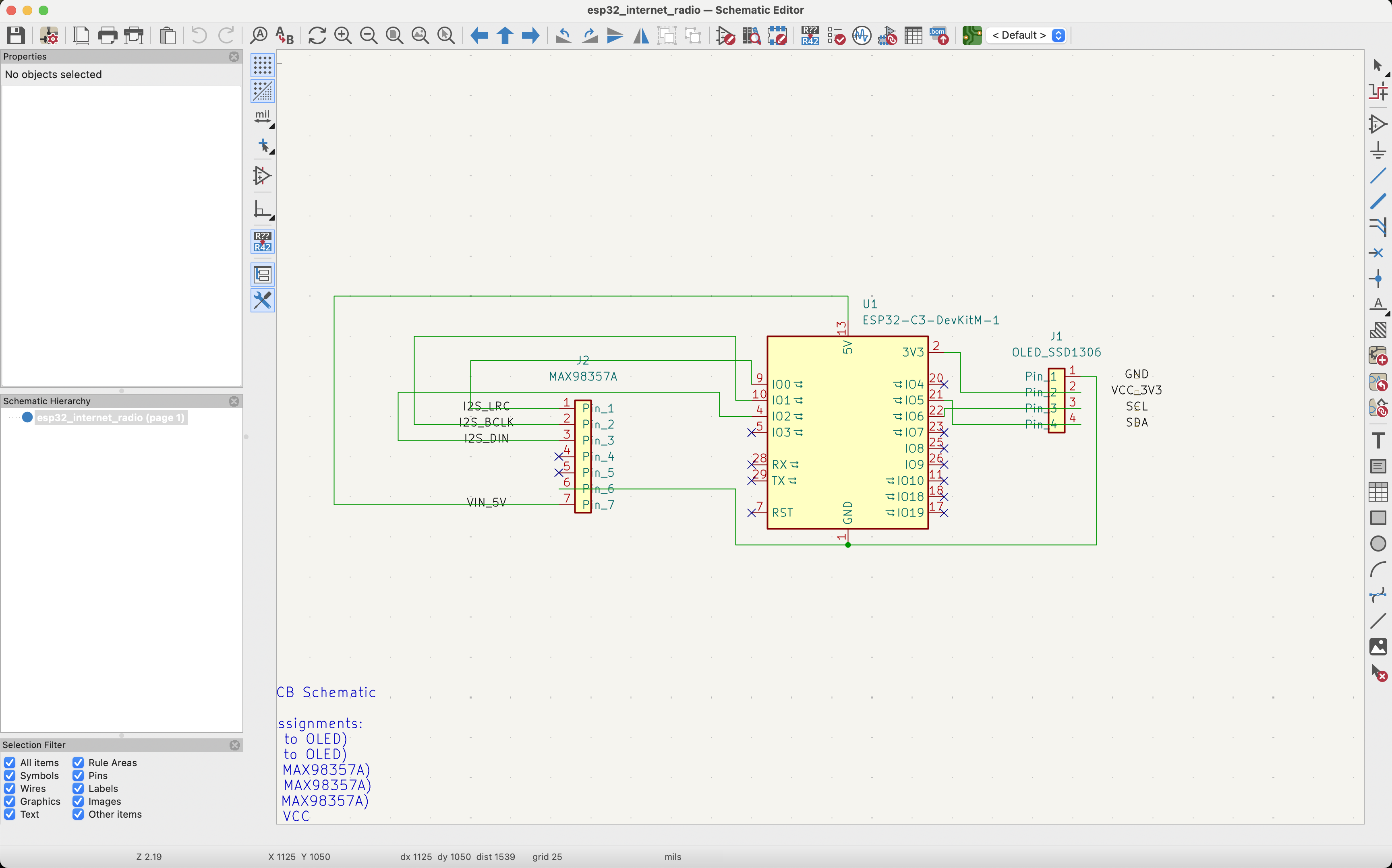 Wiring diagram in KiCad Schematic Editor where I connected wires together before exporting to PCB Editor
