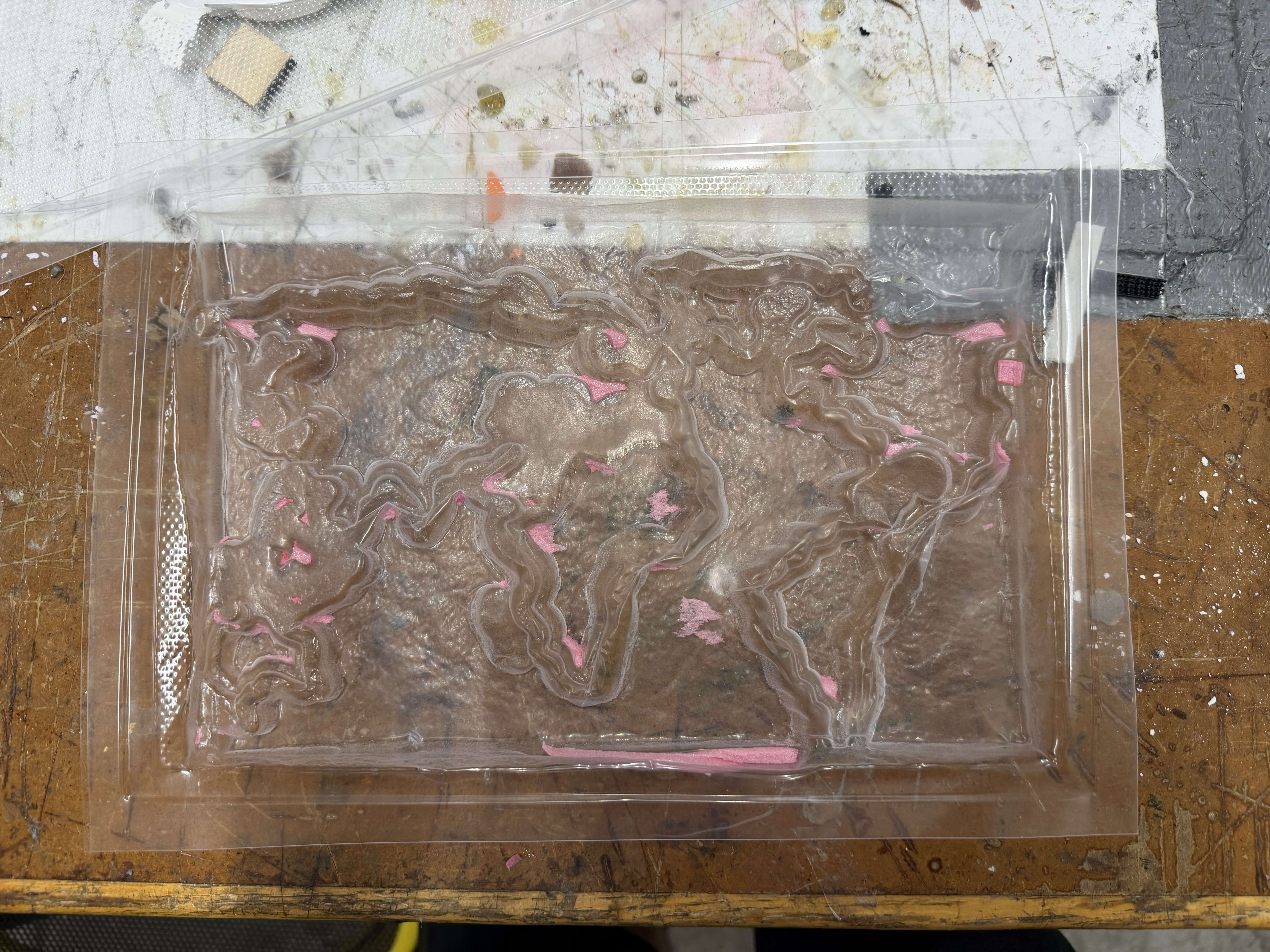 Plastic mold before removing foam bits from it before adding plaster