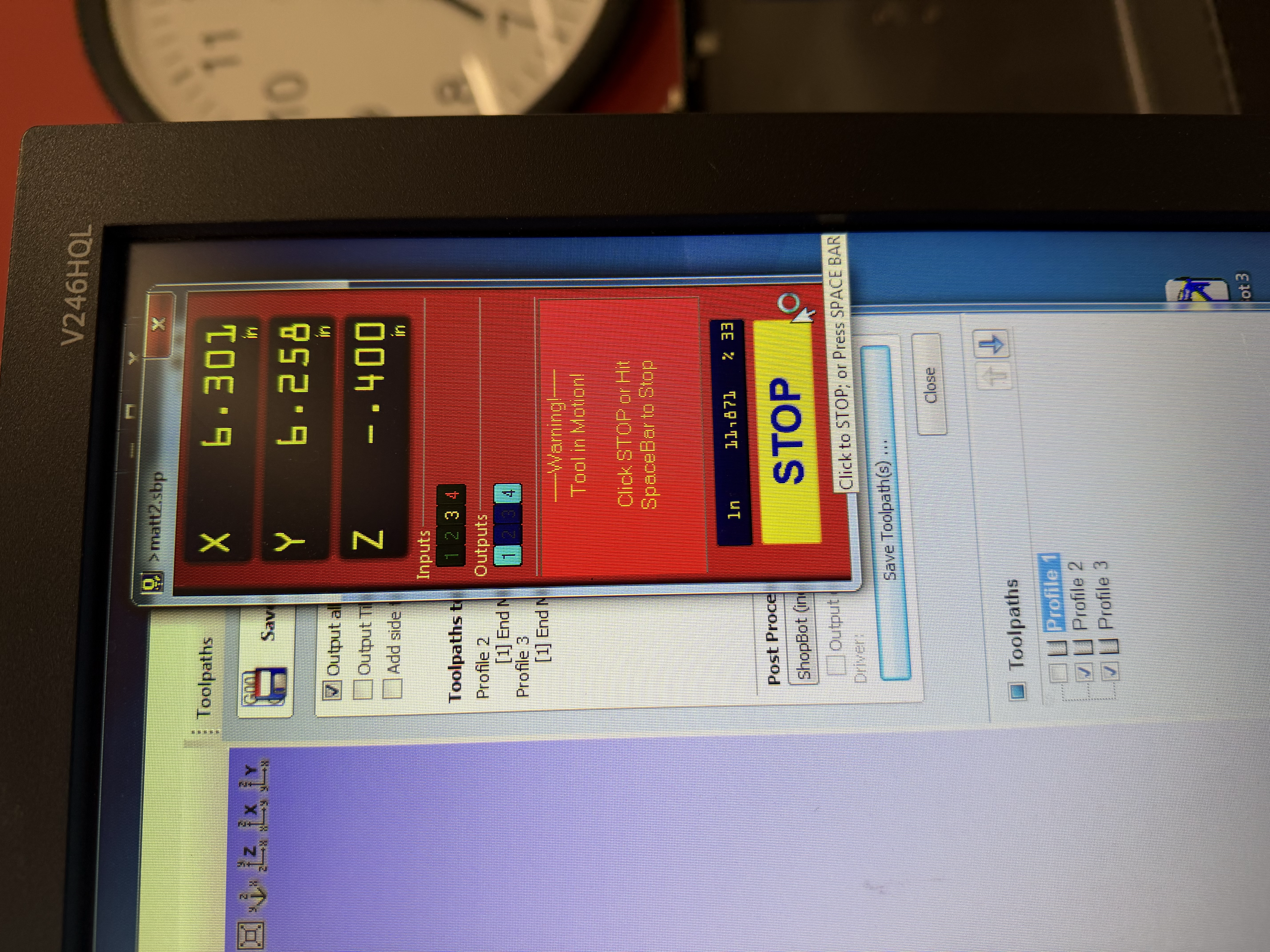Adjusting the x, y, and z coordinates in the ShopBot software so the drill bit was calibrated onto the bottom left of the foam board