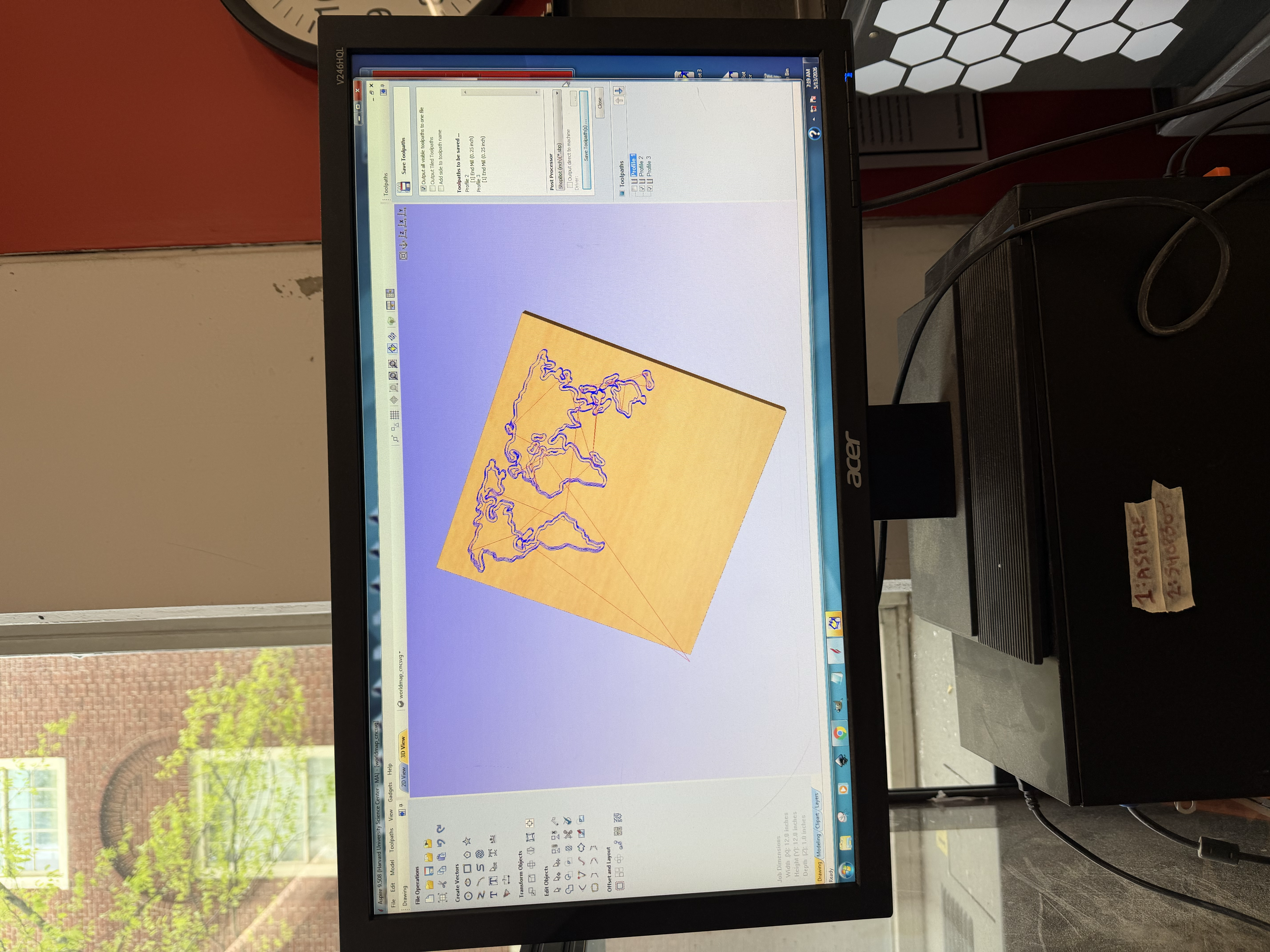 Toolpath in Aspire software showing the two outlines, one outer and one inner, of the world map