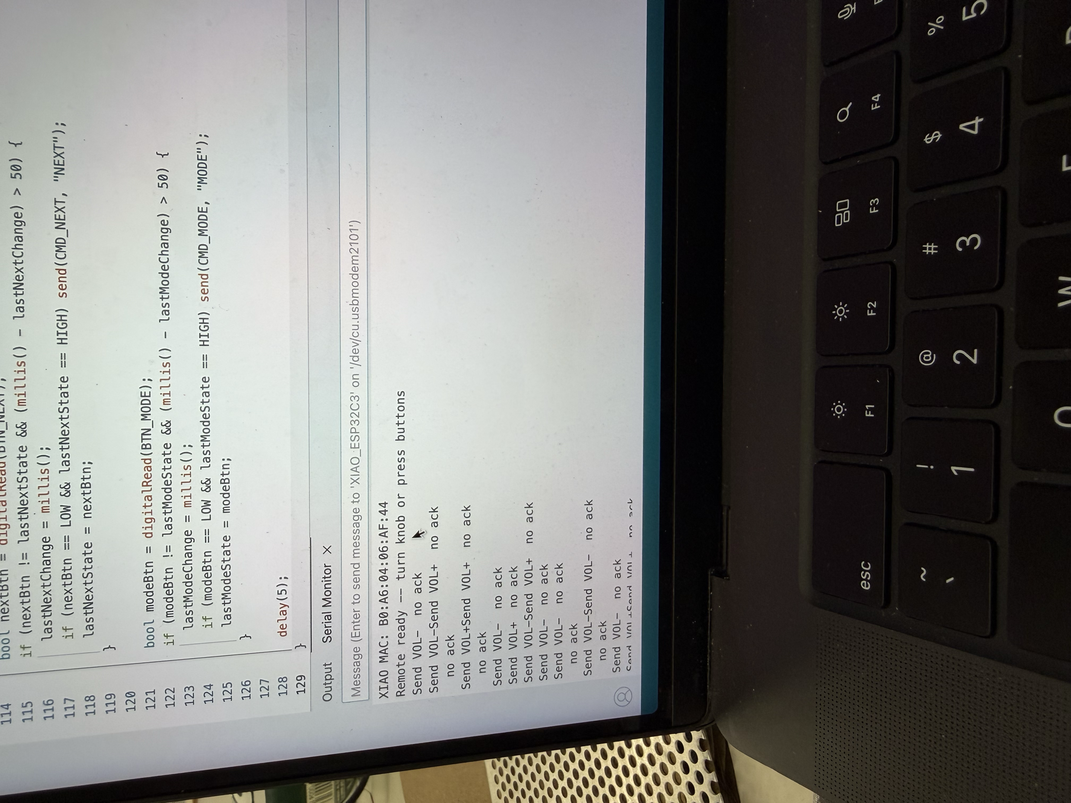 Remote control sending an ESP-NOW signal that was not acknowledged by the radio, shown in the Serial Monitor