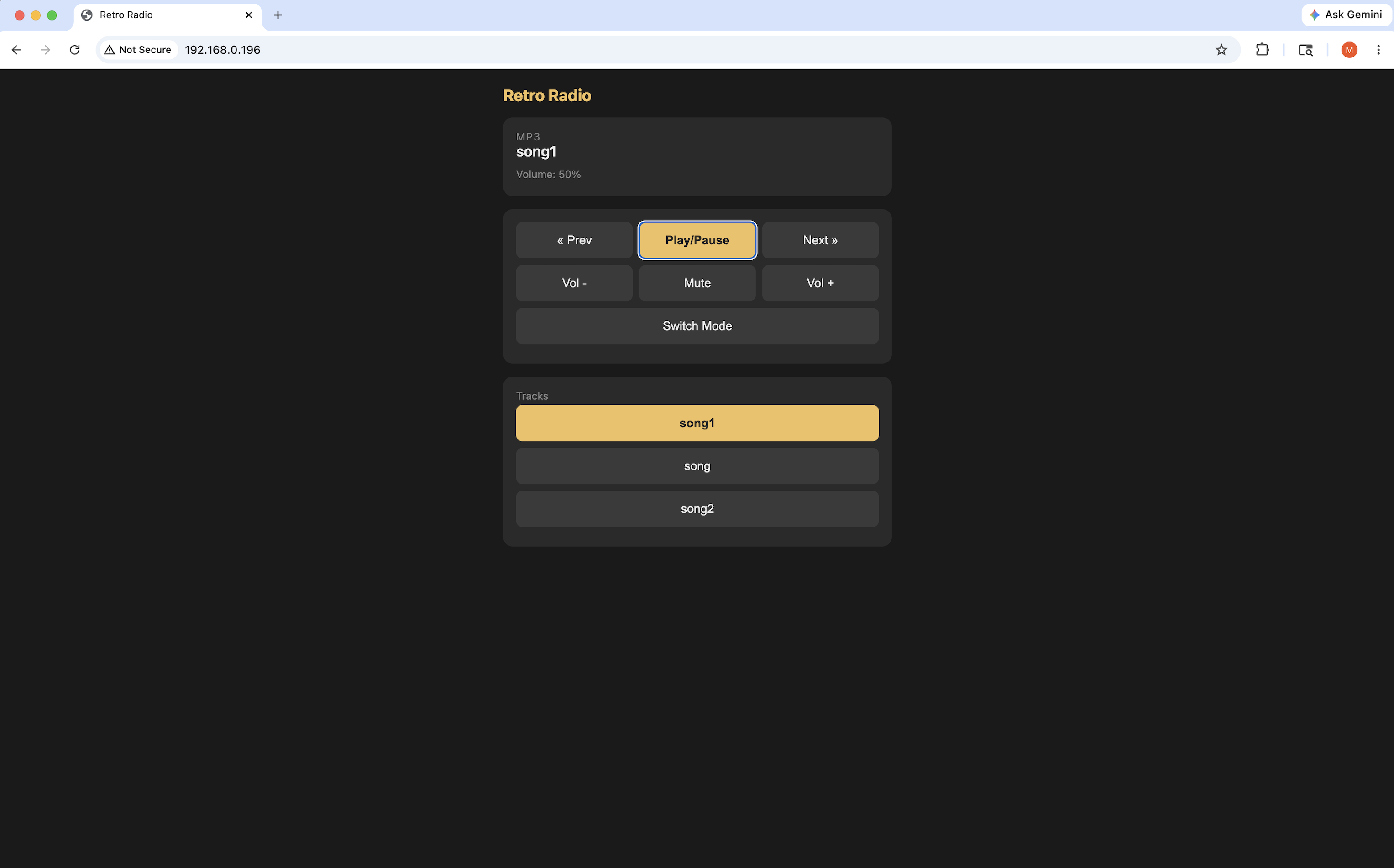 HTTP remote control web app showing MP3 mode with track selection and playback controls