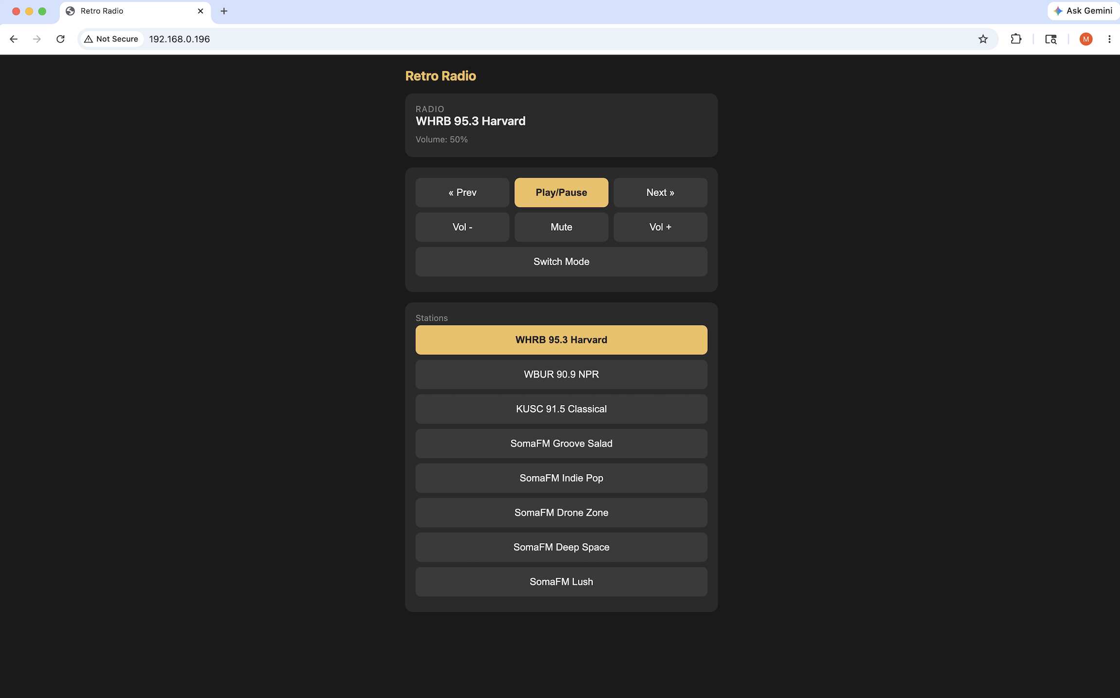 HTTP remote control web app showing the radio mode station list and browser controls
