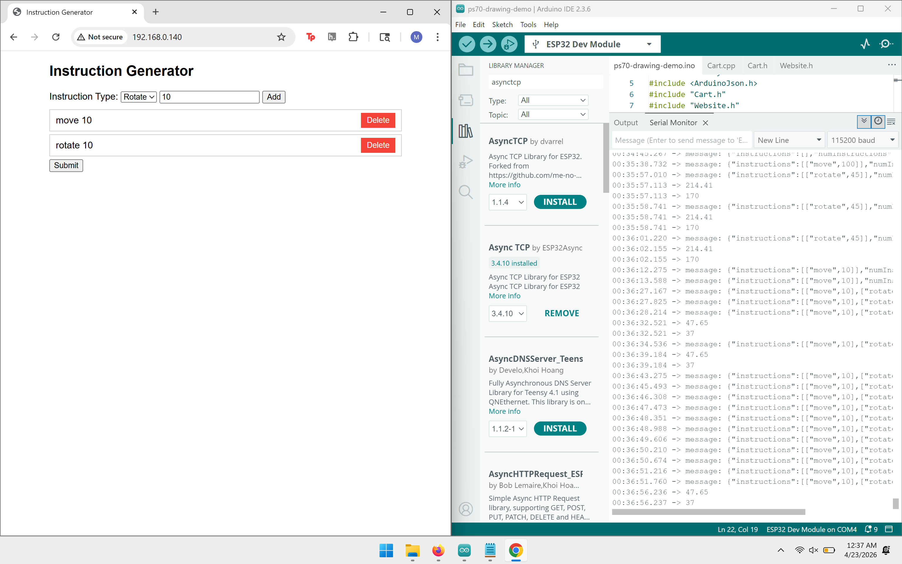 Instruction generator web interface and Arduino serial monitor
