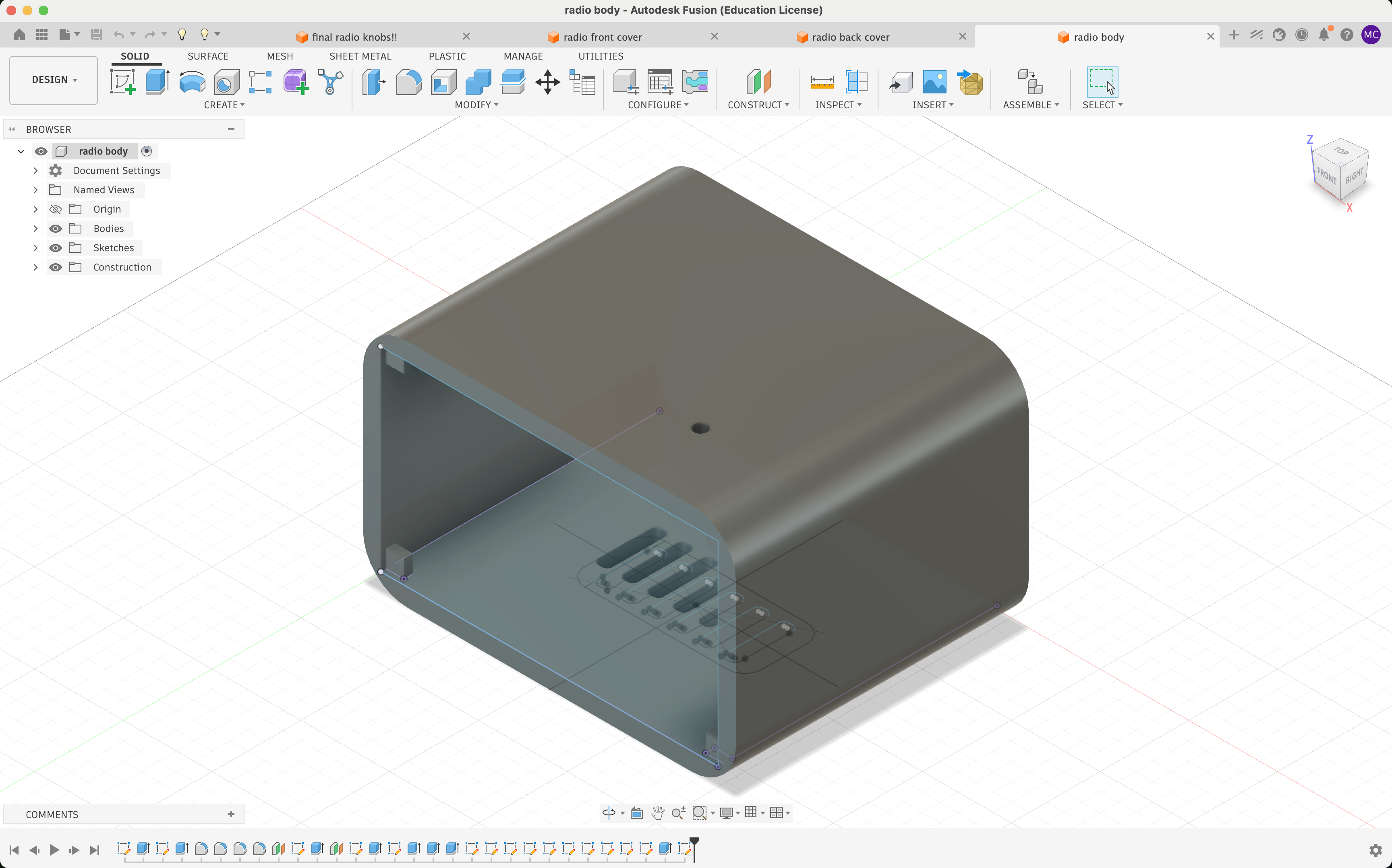 Fusion 360 model of the radio body with corner extrusions